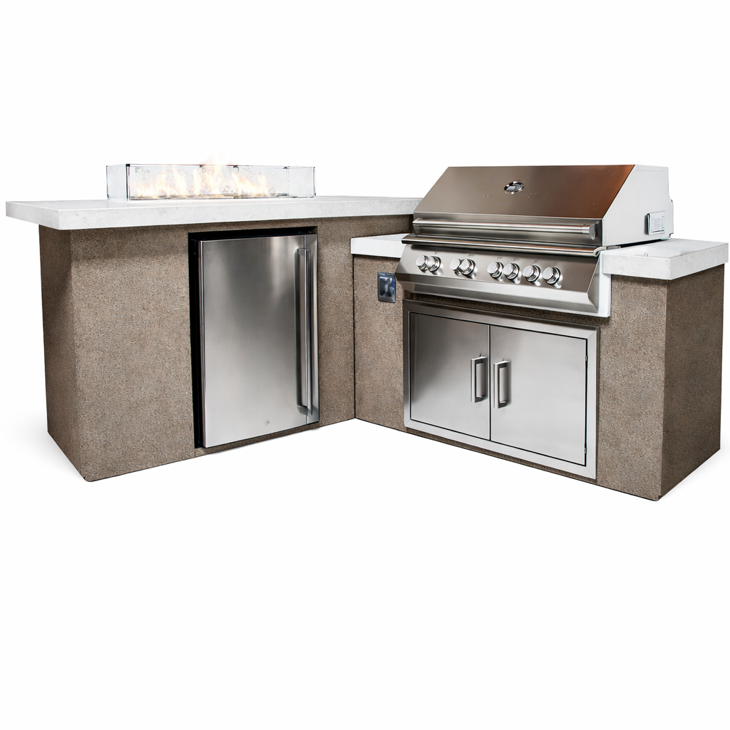 Baja Outdoor Kitchen Island with Fire Feature | 32" Grill, Fridge & Bar Seating