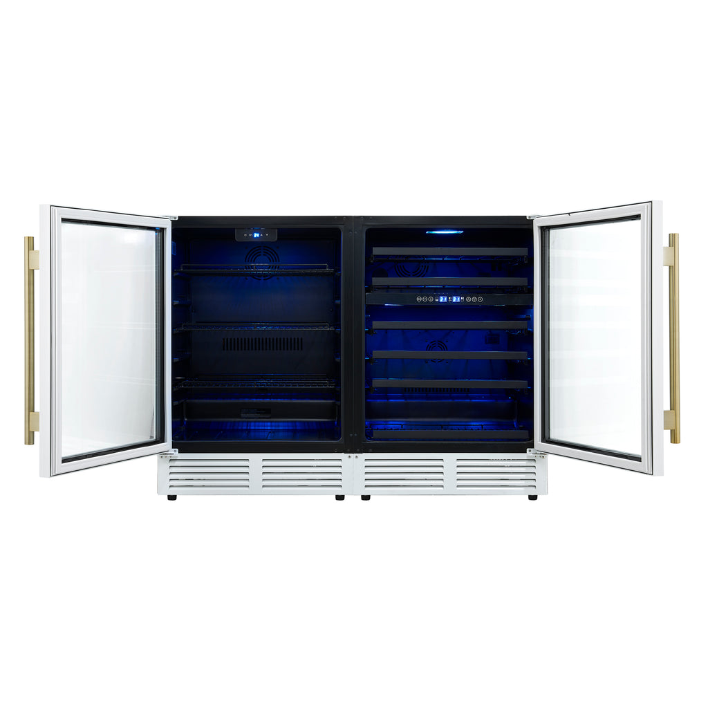 Gemello 48 Inch Side-by-Side Wine and Beverage Cooler in White with Antique Brass Handles, French Door, 9.6 cu. ft.