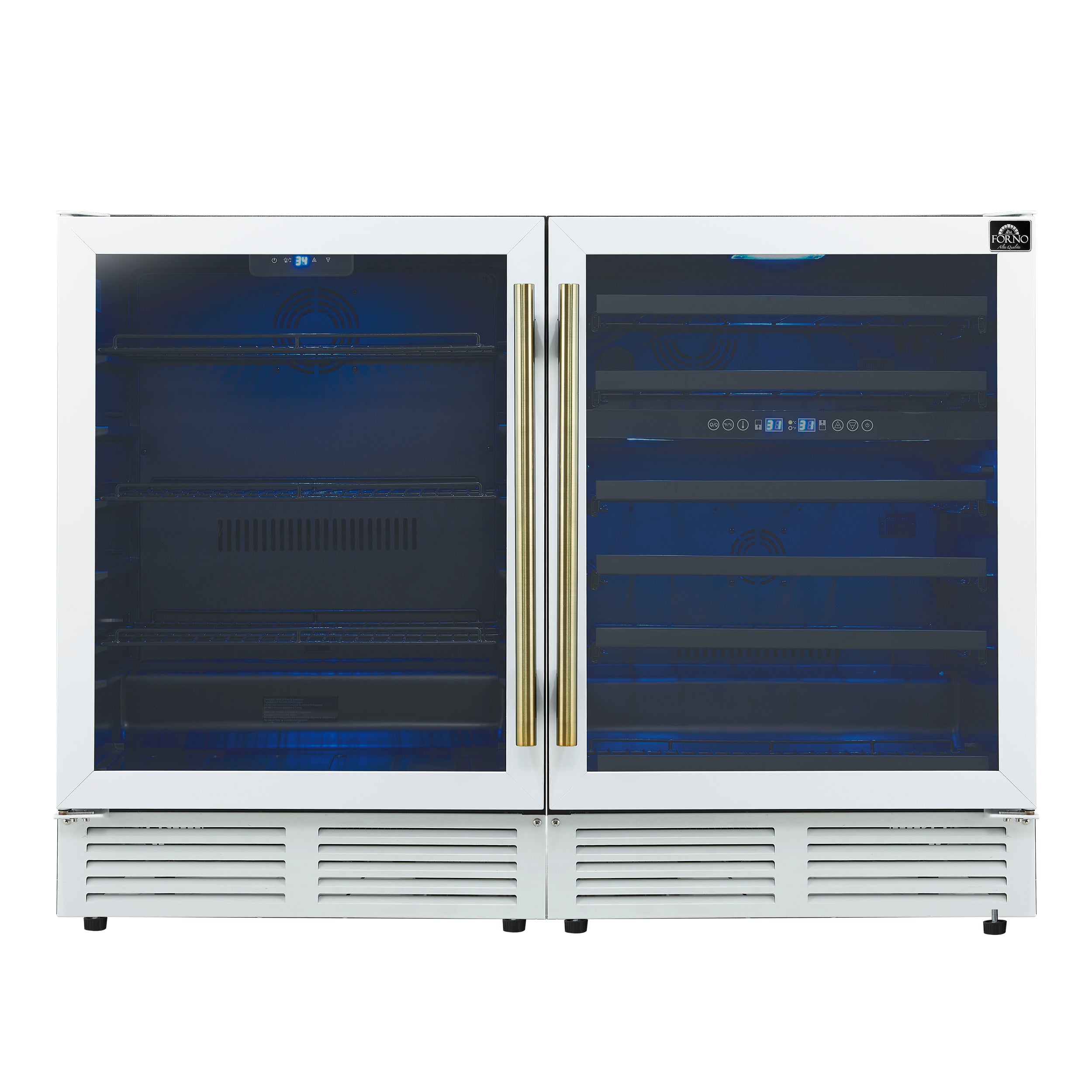 Gemello 48 Inch Side-by-Side Wine and Beverage Cooler in White with Antique Brass Handles, French Door, 9.6 cu. ft.