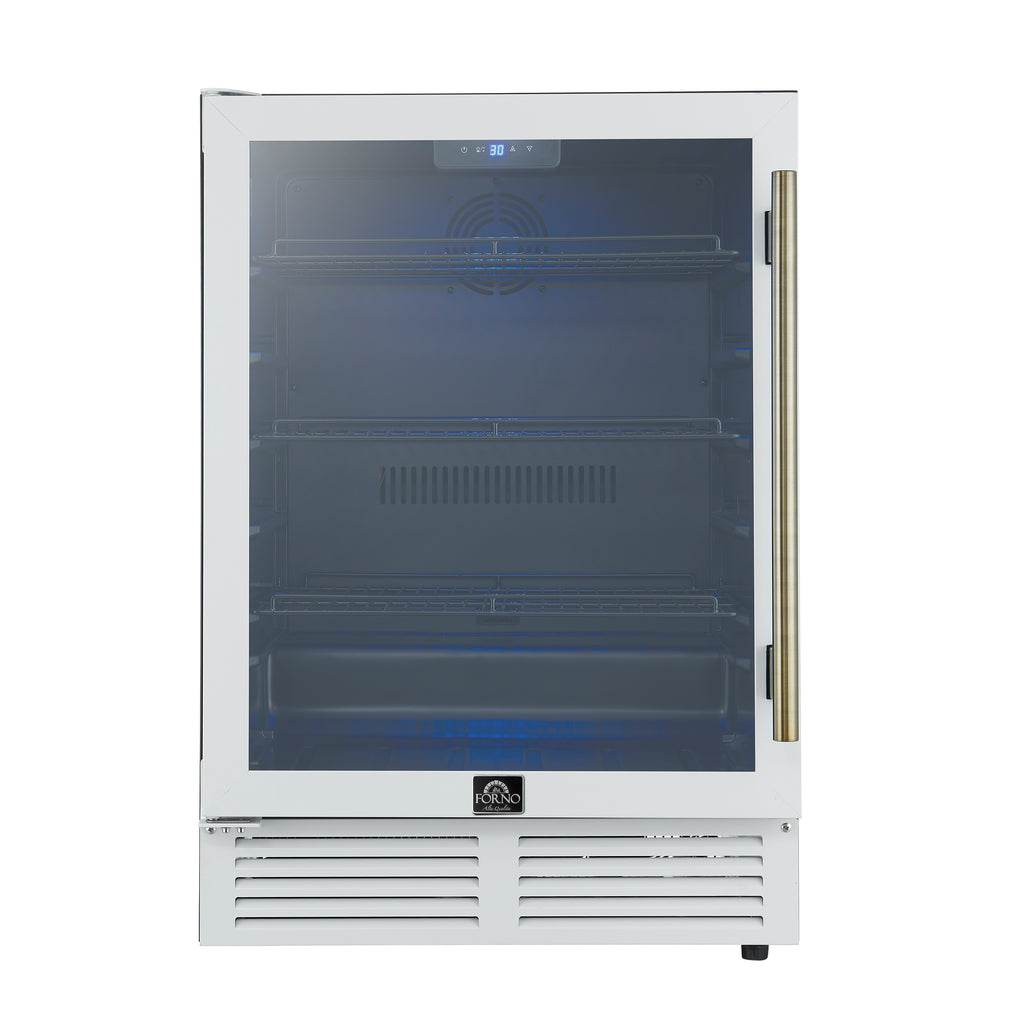 Forno Frescolino 24 Inch Beverage Cooler, White with Antique Brass Handles, with LED Lighting, Triple Glass Door, 188 Can Capacity, Built-In or Freestanding