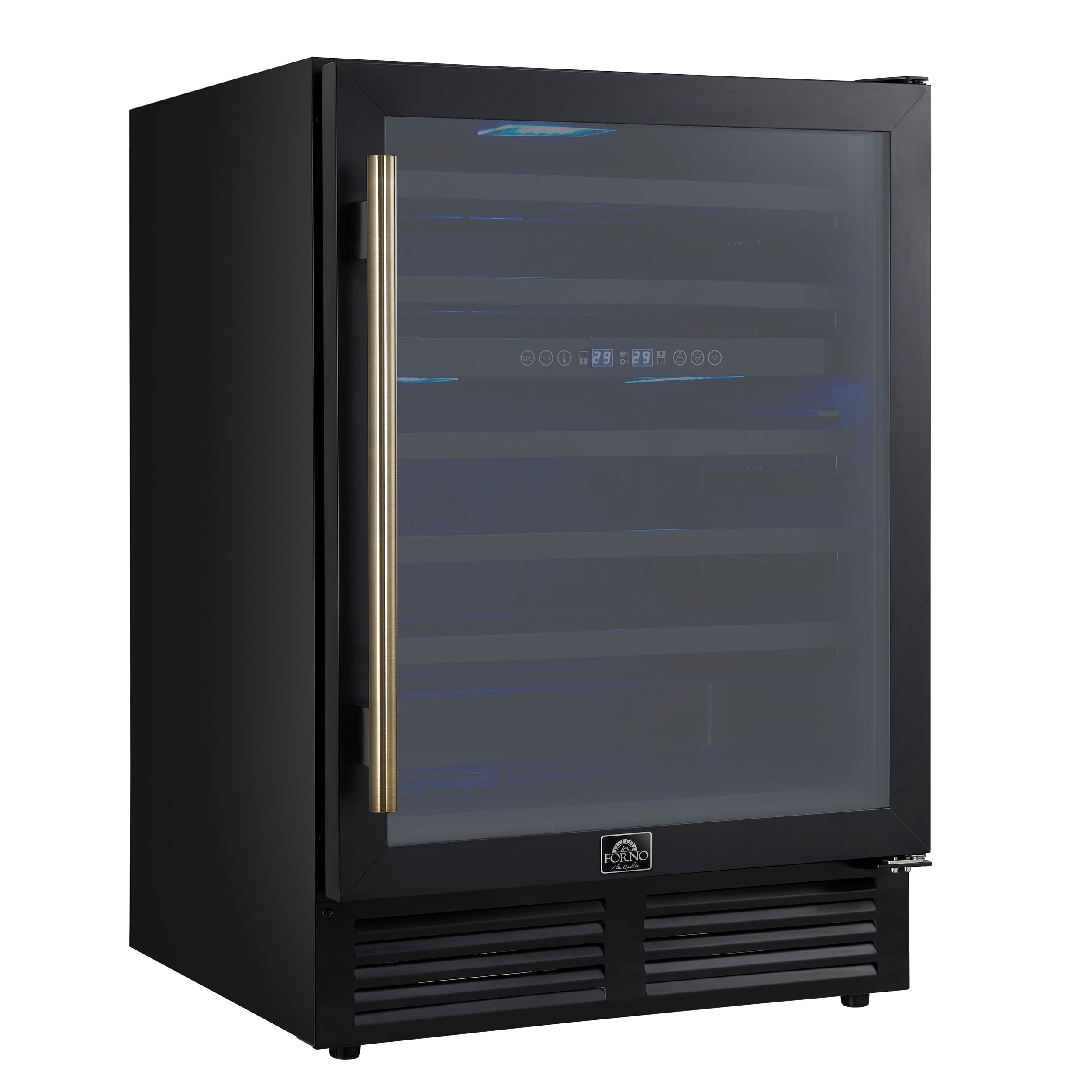 Forno Bacchino 24 Inch Wine Cooler, Black with Antique Brass Handles, with LED Lighting, Triple Glass Door, 51 Bottle Capacity, Built-In or Freestanding
