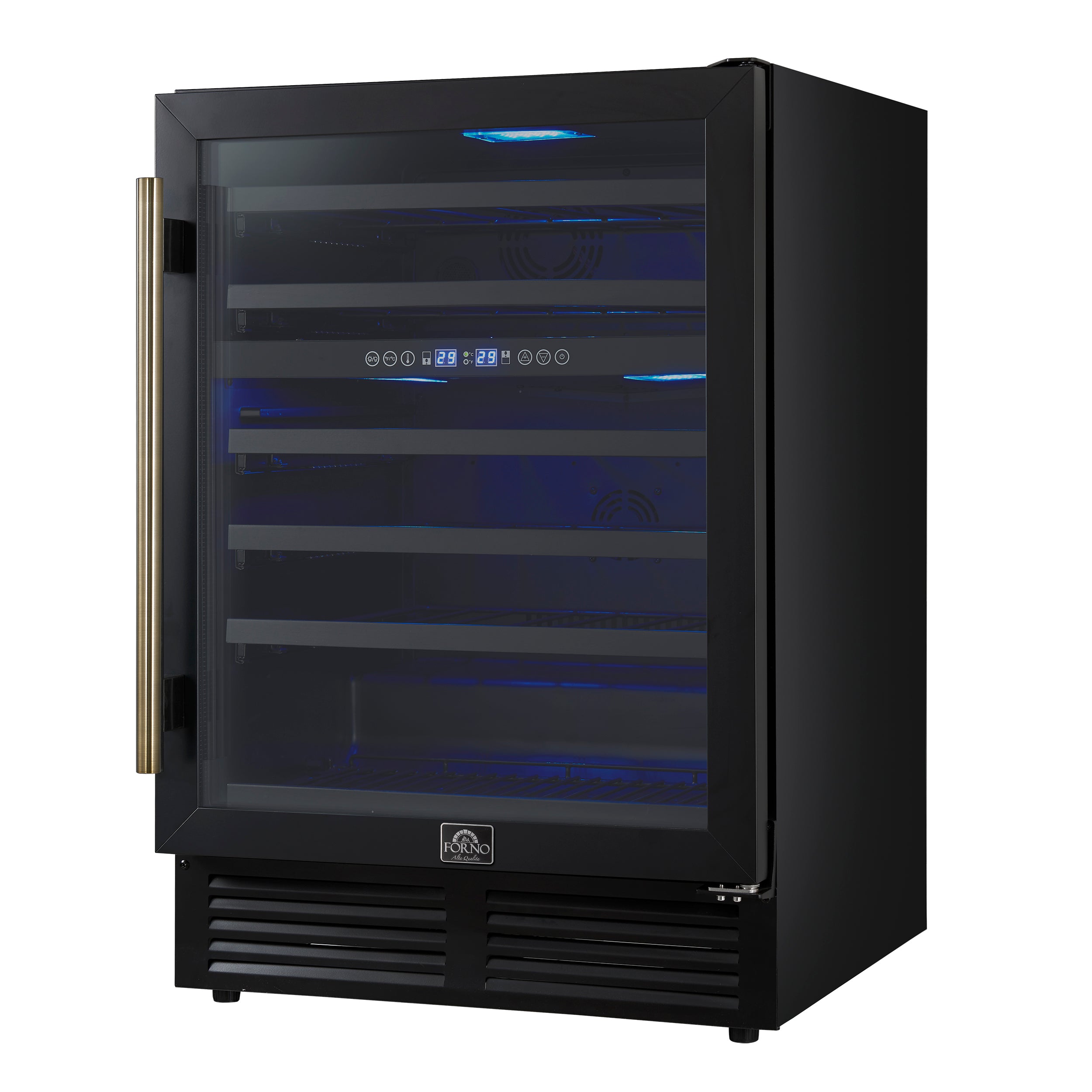 Forno Bacchino 24 Inch Wine Cooler, Black with Antique Brass Handles, with LED Lighting, Triple Glass Door, 51 Bottle Capacity, Built-In or Freestanding